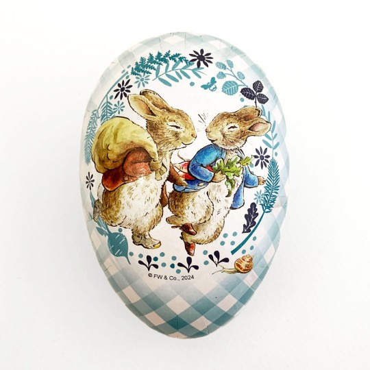 4-1/2" Peter Rabbit and Friend Blue Gingham Papier Mache Easter Egg Container ~ Germany